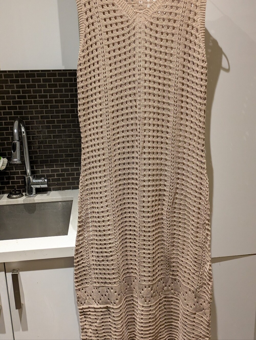 Sleeveless Crochet Knit Maxi Dress in Beige